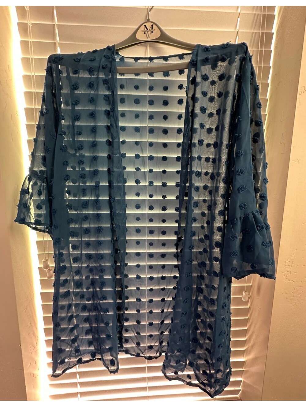 Blue Sheer Polka Dot Kimono with Ruffle Sleeves Size Large
